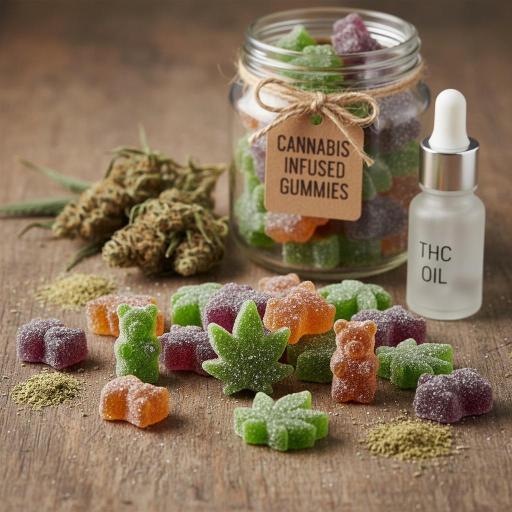 A glass jar labeled "Cannabis Infused Gummies" sits on a wooden surface next to a bottle of THC oil, loose cannabis buds, and a scattering of gummy bears and leaf-shaped candies.