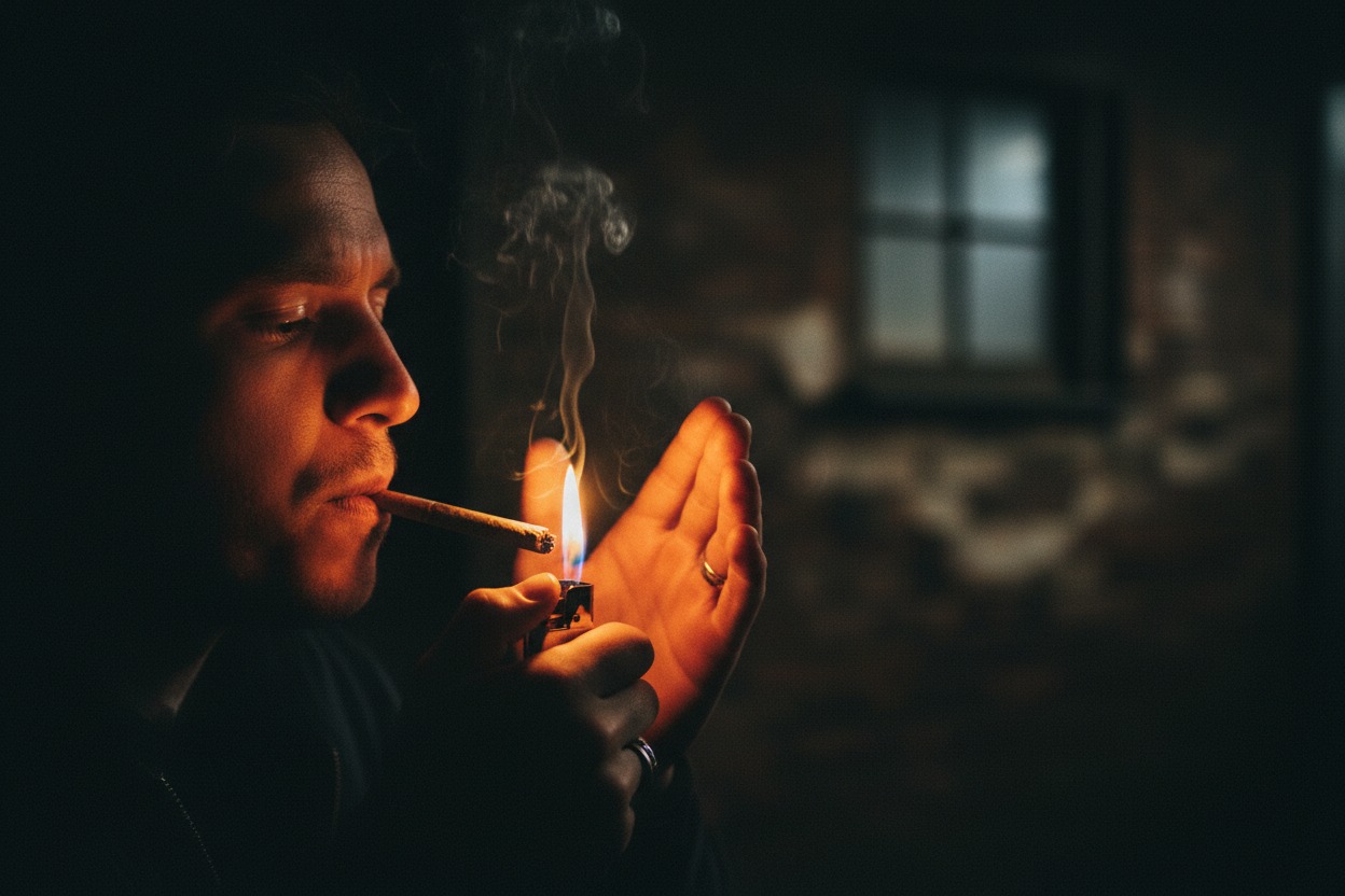 A man lights a cigarette with a lighter in a dimly lit room.