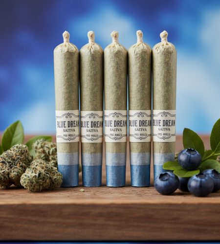 Five Blue Dream sativa pre-rolls stand upright on a wooden surface next to cannabis buds and fresh blueberries.