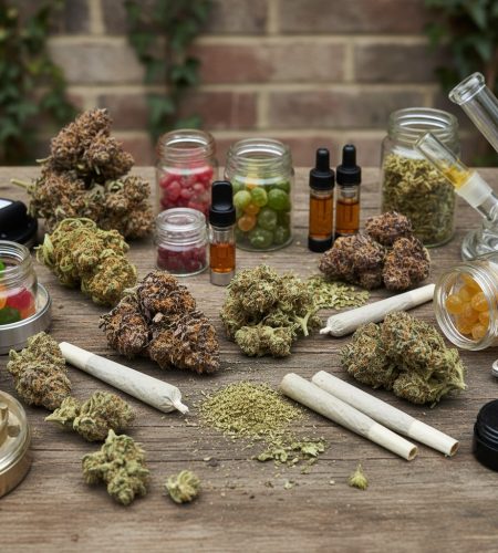 A variety of cannabis products, including dried flower buds, pre-rolled joints, glass jars of gummies, dropper bottles, and a glass bong, are arranged on a rustic wooden table.