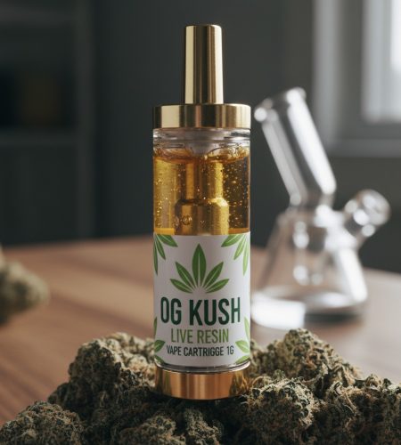 A gold-capped OG Kush live resin vape cartridge stands upright on a pile of cannabis flower with a glass water pipe in the background.