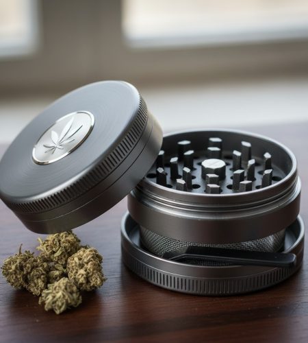 A metal herb grinder with a cannabis leaf emblem sits on a wooden surface next to several dried cannabis buds.
