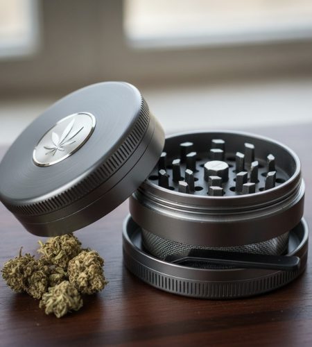 A metal herb grinder with a cannabis leaf emblem sits on a wooden surface next to several dried cannabis buds.