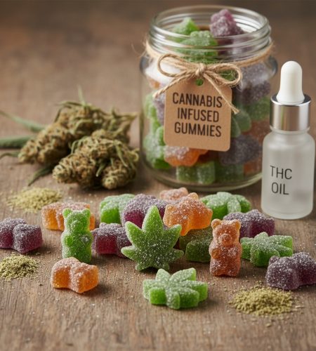 A glass jar labeled "Cannabis Infused Gummies" sits on a wooden surface next to a bottle of THC oil, loose cannabis buds, and a scattering of gummy bears and leaf-shaped candies.